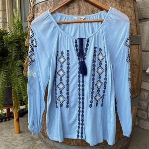 Lucky Brand peasant type top. Small.  Blue with white and navy stitching.